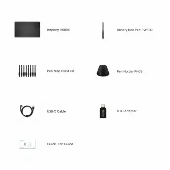 Graafikatahvel HUION Inspiroy H580X — aktiivne ala 8,5×5,0 tolli, 5080 LPI, 8192 survetaset, 8 programmeeritavat klahvi, USB-C