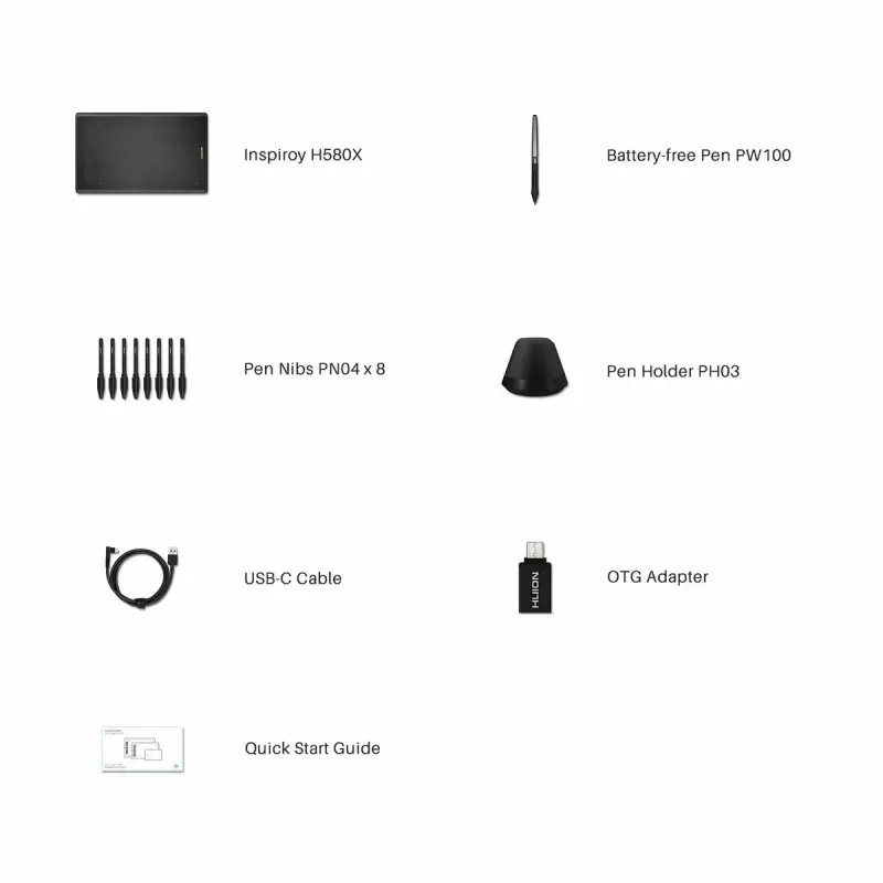Graafikatahvel HUION Inspiroy H580X — aktiivne ala 8,5×5,0 tolli, 5080 LPI, 8192 survetaset, 8 programmeeritavat klahvi, USB-C
