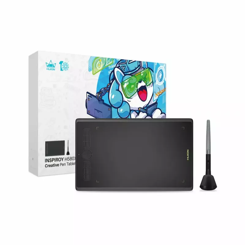 Graafikatahvel HUION Inspiroy H580X — aktiivne ala 8,5×5,0 tolli, 5080 LPI, 8192 survetaset, 8 programmeeritavat klahvi, USB-C