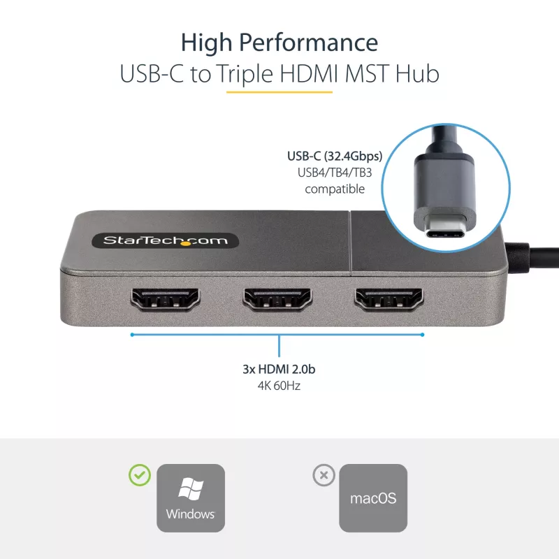 StarTech.com 3-pordiline USB-C MST jaotur – USB-C-lt 3-le HDMI-le mitme monitori adapter sülearvutile – Kolm HDMI-d kuni 4K 60Hz DP 1.4 alt režiimi & DSC-ga – HDR – 1 jala (30cm) kaabel – Ainult Windows