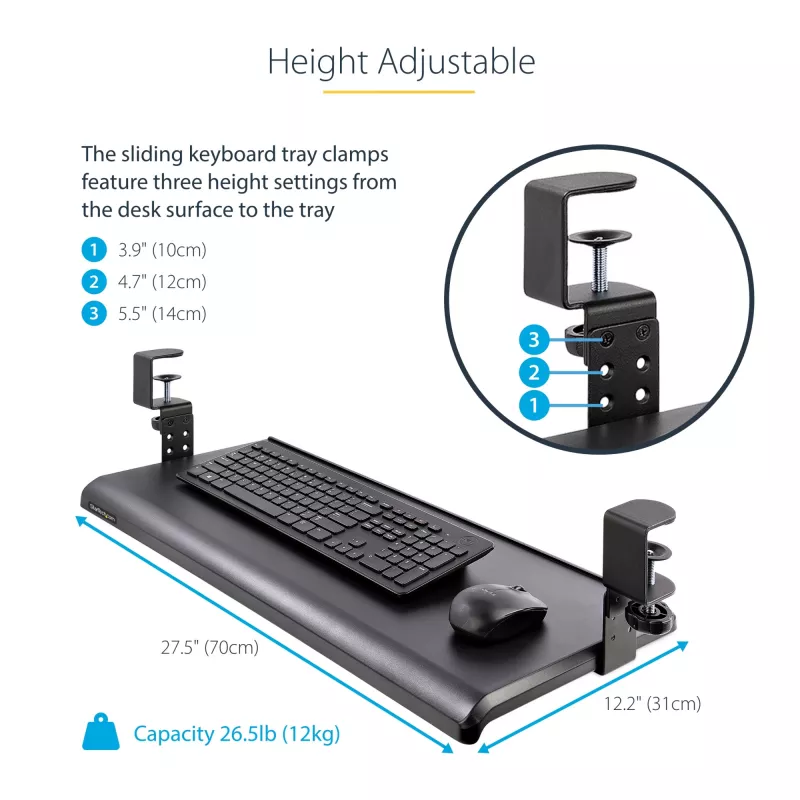 StarTech.com lauaalune klaviatuurialus, klambritega ergonoomiline klaviatuurihoidik, kuni 12 kg (26,5 naela), liugklaviatuuri- ja hiirealus C-klambritega, kõrgusega reguleeritav klaviatuurialus (3,9/4,7/5,5 tolli)