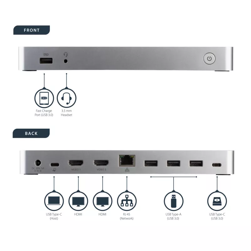 StarTech.com kahe monitoriga USB-C dokkimisjaam 60 W toiteedastusega Windows sülearvutitele – USB-C HDMI/DVI dokk – USB 3.1 Gen 1 USB-C dokk laadimisega – Thunderbolt 3 ühilduv