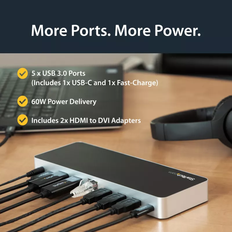 StarTech.com kahe monitoriga USB-C dokkimisjaam 60 W toiteedastusega Windows sülearvutitele – USB-C HDMI/DVI dokk – USB 3.1 Gen 1 USB-C dokk laadimisega – Thunderbolt 3 ühilduv