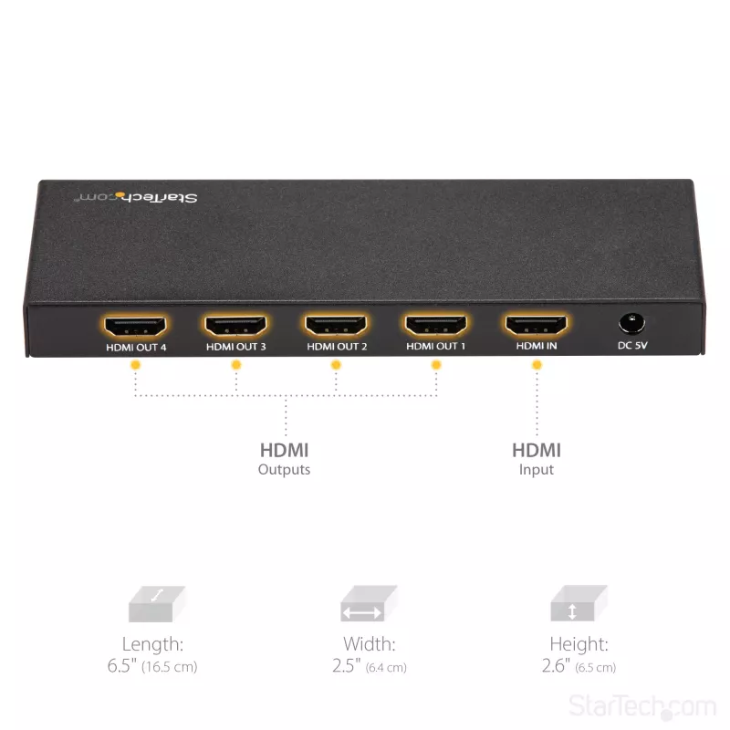 StarTech.com 4-pordiline HDMI jaotur – 4K 60 Hz, HDMI, 4x HDMI, 3840 x 2160 pikslit, must, 4K Ultra HD, 60 Hz