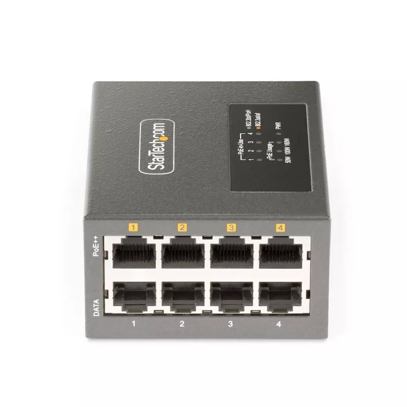 StarTech.com 4-pordine mitme gigabitine PoE++ süstija, 5/2.5/1G Ethernet (NBASE-T), PoE/PoE+/PoE++ (802.3af/802.3at/802.3bt), 160 W võimsuseelarve, seinale/DIN-liistule kinnitatav, haldamata