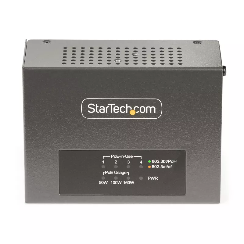 StarTech.com 4-pordine mitme gigabitine PoE++ süstija, 5/2.5/1G Ethernet (NBASE-T), PoE/PoE+/PoE++ (802.3af/802.3at/802.3bt), 160 W võimsuseelarve, seinale/DIN-liistule kinnitatav, haldamata