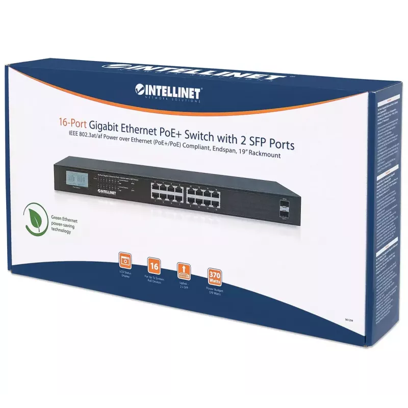Haldamata võrgukommutaator Intellinet 16-pordiline Gigabit Ethernet PoE+ 370 W
