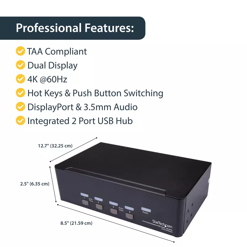 StarTech.com 4-pordiline kahe DisplayPortiga KVM-lüliti - 4K 60 Hz, 3840 x 2160 pikslit, 4K Ultra HD, raami külge kinnitatav, 18 W, 2U, must
