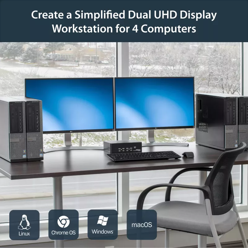 StarTech.com 4-pordiline kahe DisplayPortiga KVM-lüliti - 4K 60 Hz, 3840 x 2160 pikslit, 4K Ultra HD, raami külge kinnitatav, 18 W, 2U, must