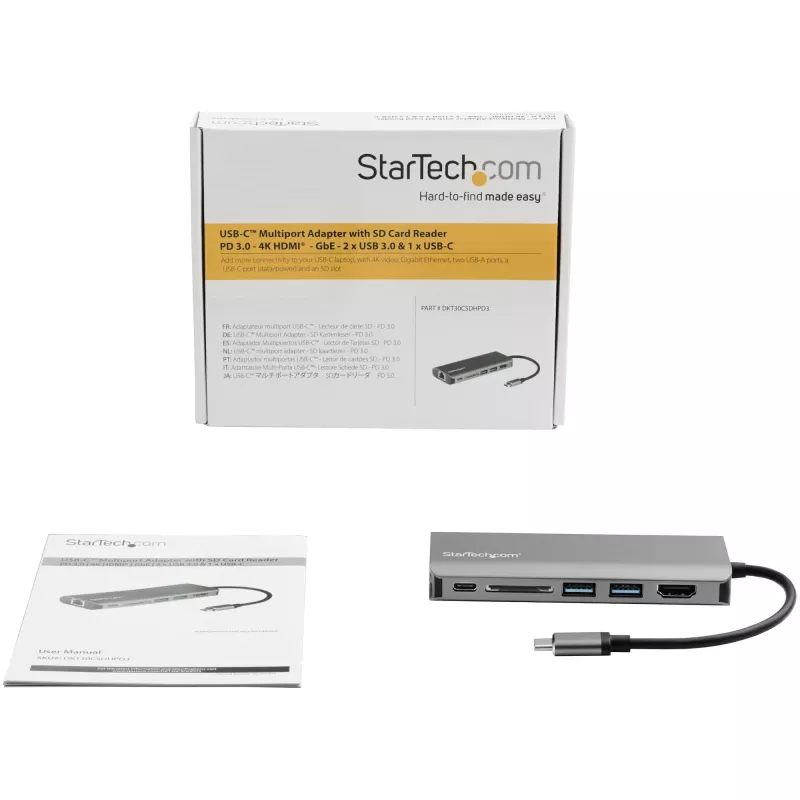 StarTech.com USB-C mitme pordiga adapter - USB-C reisidokk 4K HDMI-ga, 3x USB 3.0 jaotur, SD/SDHC, GbE, 60 W PD 3.0 läbipääs - USB USB-C/Thunderbolt 3 - asendab DKT30CSDHPD