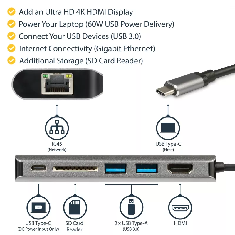 StarTech.com USB-C mitme pordiga adapter - USB-C reisidokk 4K HDMI-ga, 3x USB 3.0 jaotur, SD/SDHC, GbE, 60 W PD 3.0 läbipääs - USB USB-C/Thunderbolt 3 - asendab DKT30CSDHPD