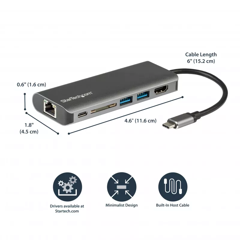 StarTech.com USB-C mitme pordiga adapter - USB-C reisidokk 4K HDMI-ga, 3x USB 3.0 jaotur, SD/SDHC, GbE, 60 W PD 3.0 läbipääs - USB USB-C/Thunderbolt 3 - asendab DKT30CSDHPD