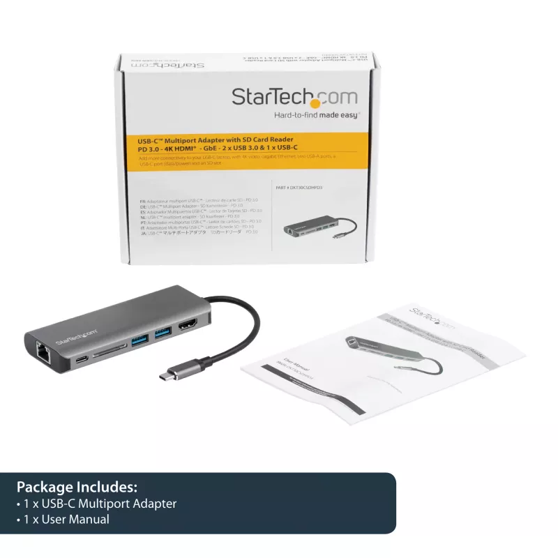 StarTech.com USB-C mitme pordiga adapter - USB-C reisidokk 4K HDMI-ga, 3x USB 3.0 jaotur, SD/SDHC, GbE, 60 W PD 3.0 läbipääs - USB USB-C/Thunderbolt 3 - asendab DKT30CSDHPD