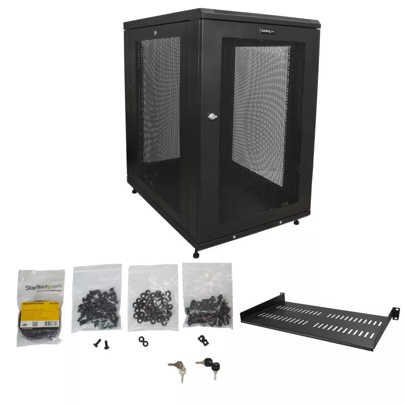 StarTech.com 4-post 18U serverikapp, lukustatav 19 inch andmekapp arvuti-/AV-/IT-seadmetele, kontori/kodu võrgukapp rataste ja reguleeritavate kinnitussiinidega