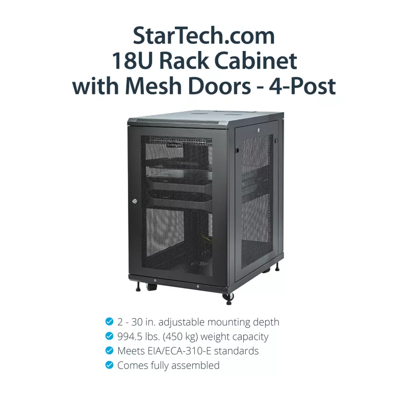 StarTech.com 4-post 18U serverikapp, lukustatav 19 inch andmekapp arvuti-/AV-/IT-seadmetele, kontori/kodu võrgukapp rataste ja reguleeritavate kinnitussiinidega