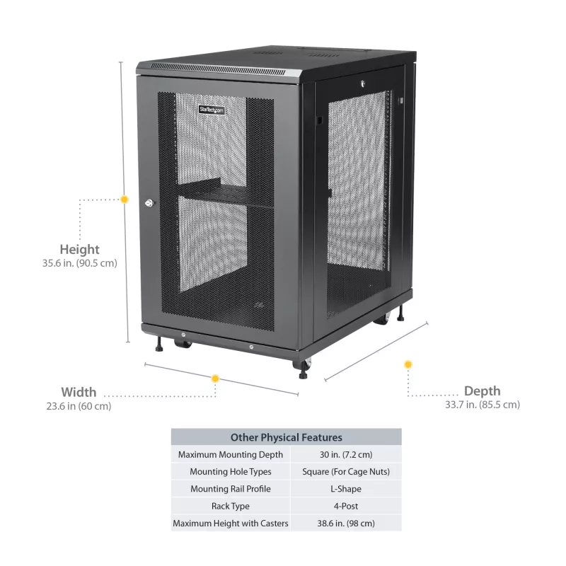 StarTech.com 4-post 18U serverikapp, lukustatav 19 inch andmekapp arvuti-/AV-/IT-seadmetele, kontori/kodu võrgukapp rataste ja reguleeritavate kinnitussiinidega
