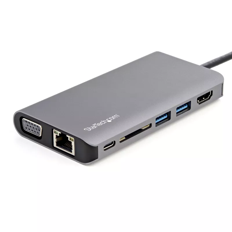 StarTech.com USB-C mitmepordiline adapter - USB-C Mini reisidokk 4K HDMI või 1080p VGA-ga - 3x USB 3.0 jaotur, SD, GbE, heli, 100W PD läbiv - kaasaskantav dokkimisjaam sülearvutile/tahvelarvutile