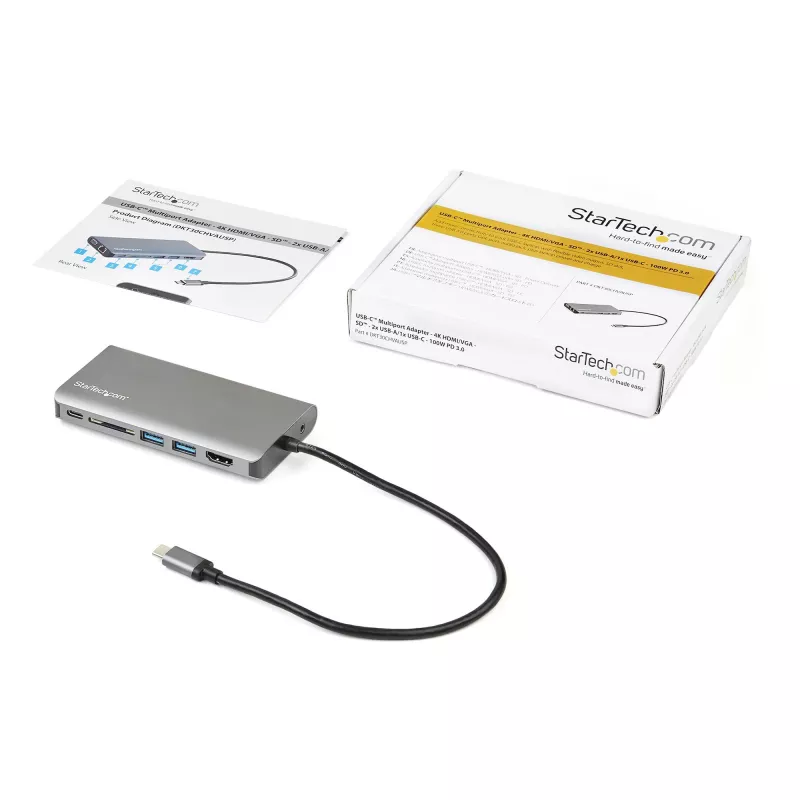 StarTech.com USB-C mitmepordiline adapter - USB-C Mini reisidokk 4K HDMI või 1080p VGA-ga - 3x USB 3.0 jaotur, SD, GbE, heli, 100W PD läbiv - kaasaskantav dokkimisjaam sülearvutile/tahvelarvutile