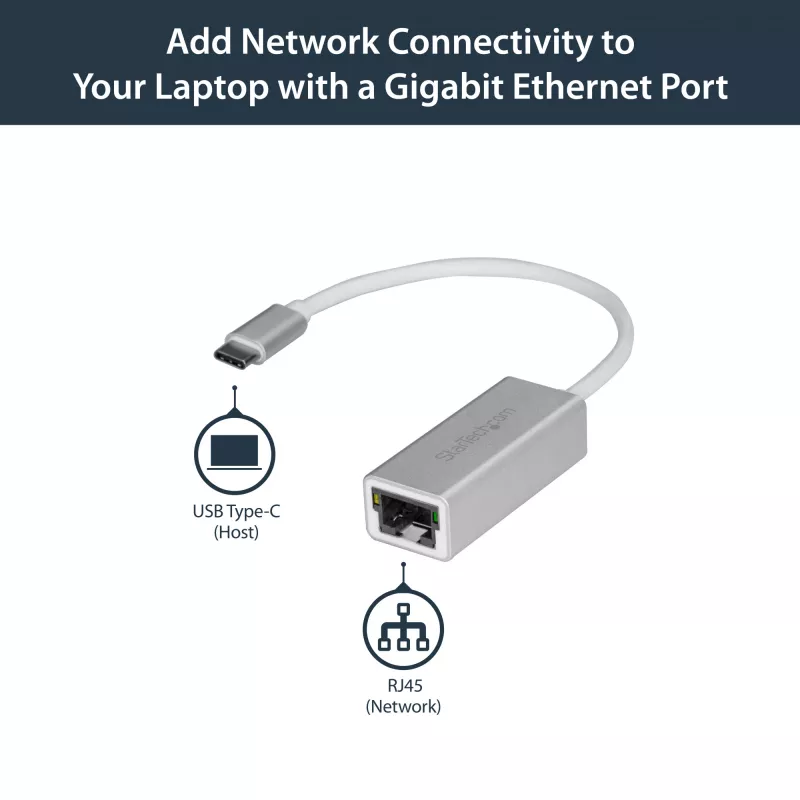 StarTech.com USB-C-lt gigabitivõrguadapter - Hõbedane, Juhtmega, USB, Ethernet, 5000 Mbit/s, Hõbedane