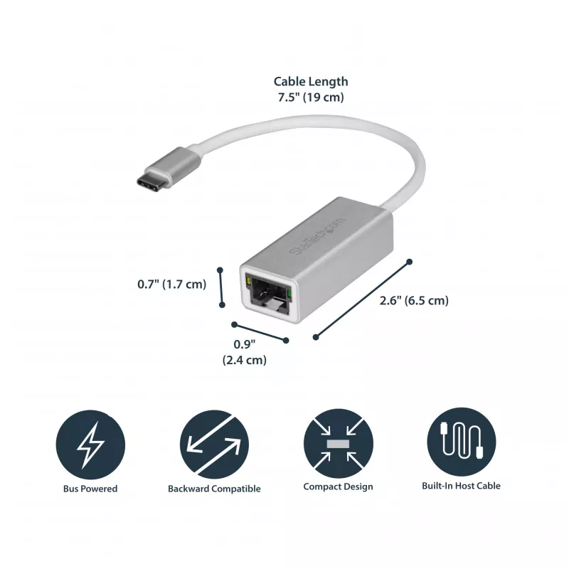 StarTech.com USB-C-lt gigabitivõrguadapter - Hõbedane, Juhtmega, USB, Ethernet, 5000 Mbit/s, Hõbedane