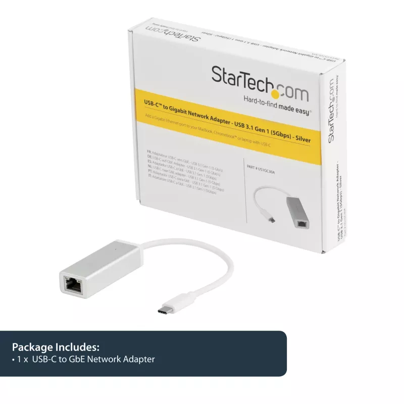 StarTech.com USB-C-lt gigabitivõrguadapter - Hõbedane, Juhtmega, USB, Ethernet, 5000 Mbit/s, Hõbedane