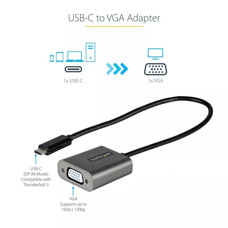 StarTech.com USB-C–VGA-adapter – 1080p USB USB-C–VGA-adapteri dongel – USB-C (DP alt-režiim) VGA-kuvarile/ekraanile videomuundur – Thunderbolt 3-ga ühilduv – 12 inch (30 cm) pikk külgekinnitatud kaabel – CDP2VGA täiendatud versioon