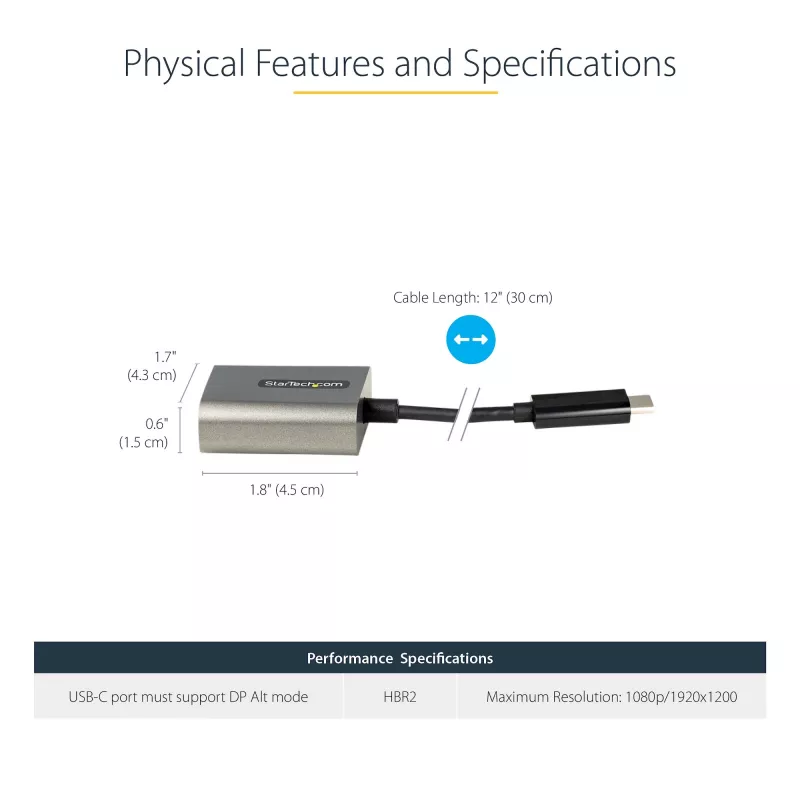 StarTech.com USB-C–VGA-adapter – 1080p USB USB-C–VGA-adapteri dongel – USB-C (DP alt-režiim) VGA-kuvarile/ekraanile videomuundur – Thunderbolt 3-ga ühilduv – 12 inch (30 cm) pikk külgekinnitatud kaabel – CDP2VGA täiendatud versioon