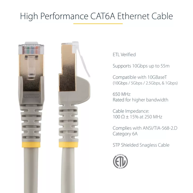 StarTech.com 5m CAT6a Ethernet kaabel - 10 Gigabit Shielded Snagless RJ45 100W PoE Patch Cord - 10GbE STP võrgukaabel w/Strain Relief - hall Individually Tested/Wiring is UL Certified/TIA