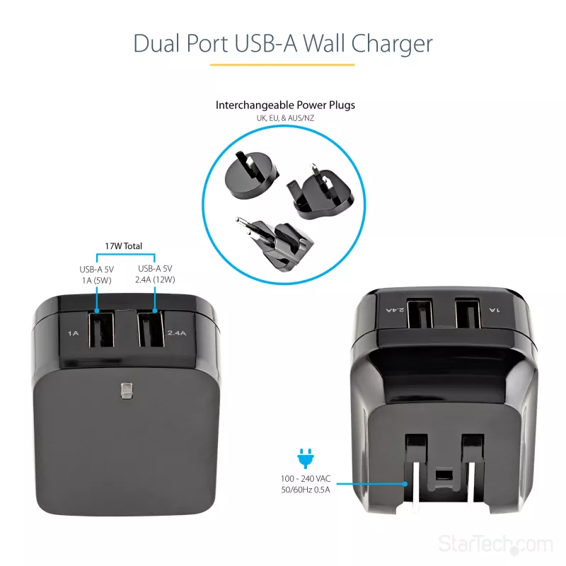 StarTech.com kahe pordiga USB seinilaadija – rahvusvaheline reisimine – 17 W/3,4 A – must