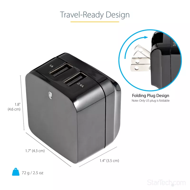 StarTech.com kahe pordiga USB seinilaadija – rahvusvaheline reisimine – 17 W/3,4 A – must