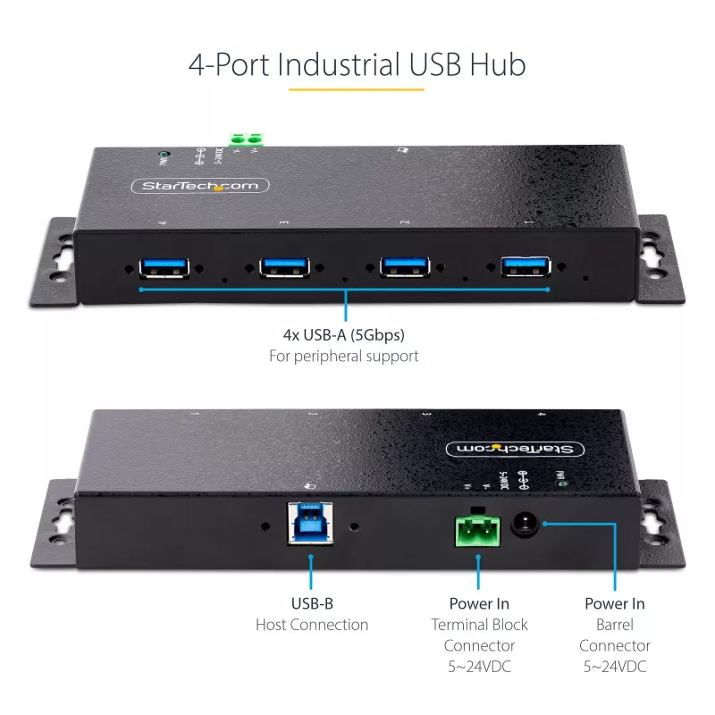 StarTech.com 4-pordiline tööstuslik USB 3.0 5 Gbps jaotur, töökindel USB-jaotur ESD-kaitsega, DIN/seinale/lauale paigaldatav USB-A jaotur, USB-laiendaja lukustatavate portidega, vastupidav – TAA