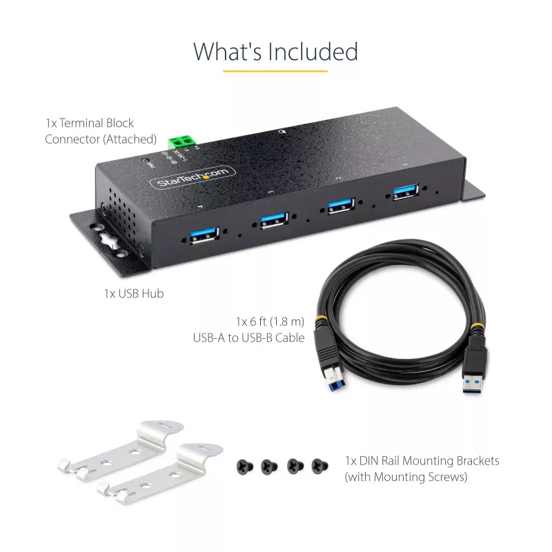 StarTech.com 4-pordiline tööstuslik USB 3.0 5 Gbps jaotur, töökindel USB-jaotur ESD-kaitsega, DIN/seinale/lauale paigaldatav USB-A jaotur, USB-laiendaja lukustatavate portidega, vastupidav – TAA