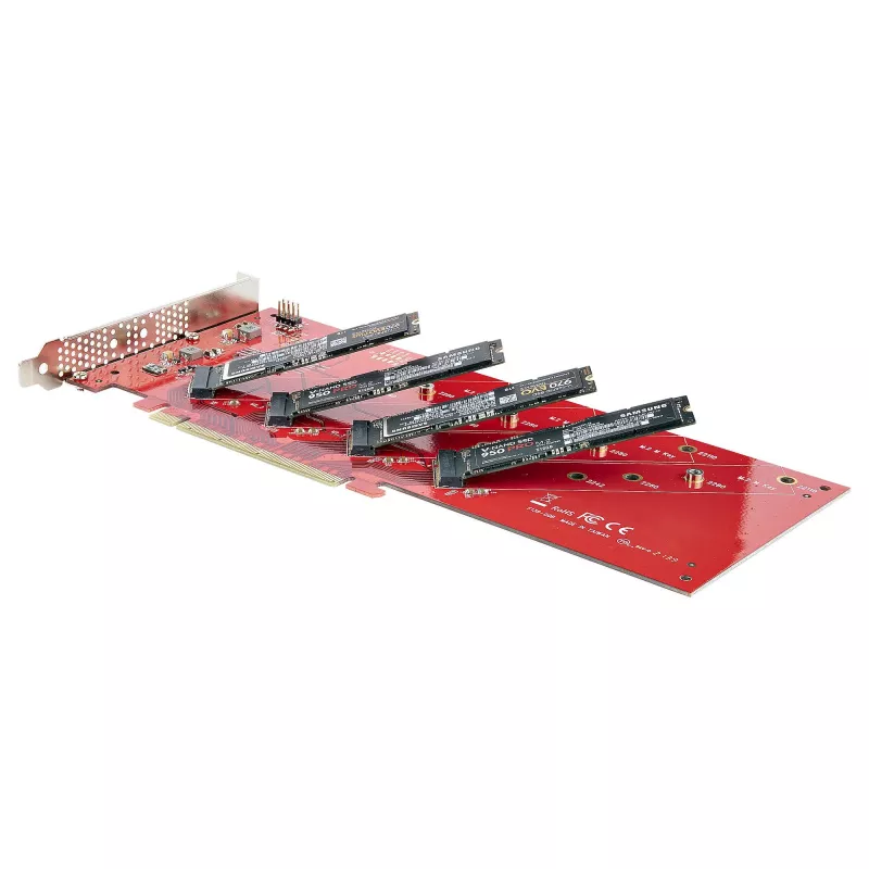 StarTech.com Quad M.2 PCIe adapterkaart, PCIe x16 kuni neljakordne NVMe või AHCI M.2 SSD, PCI Express 4.0, 7,8 GBps/draiv, nõutav bifurkatsioon, ühildub Windows/Linuxiga