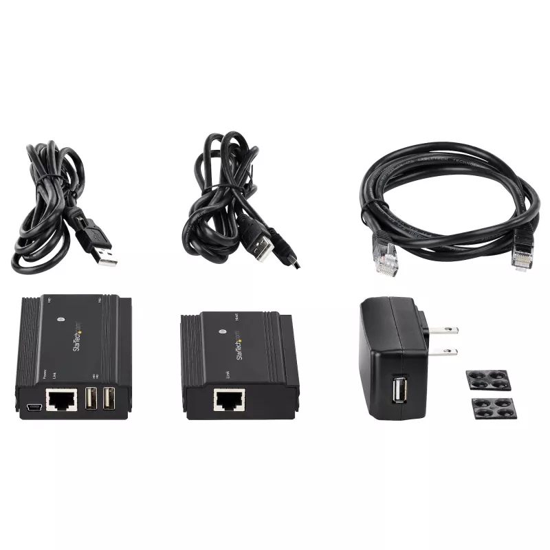StarTech.com 4-pordiline USB 2.0 pikendusjaotur üle ühe CAT5e/CAT6 Etherneti kaabli (RJ45) - 330 jalga (100 m) - USB pikendusjaoturi adapteri komplekt - metallkorpus - välise toitega - 480 Mbps