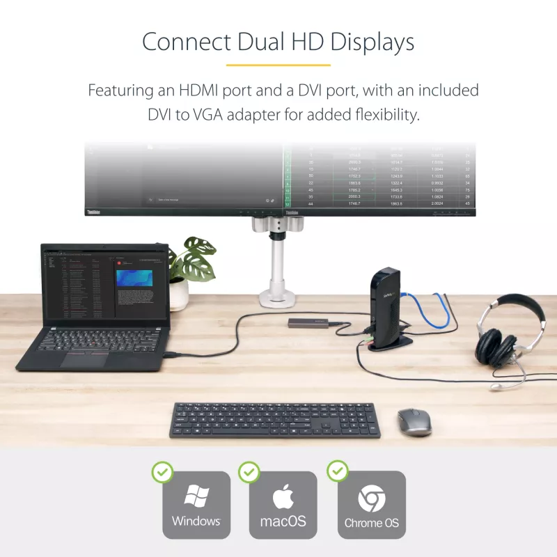 StarTech.com Dual Monitor USB 3.0 dokkimisjaam HDMI-ga - DVI - 6 x USB porti~Topeltmonitori USB 3.0 sülearvuti dokkimisjaam HDMI ja DVI/VGA-ga, 6x USB-A jaotur, GbE, heli, universaalne A-tüüpi dokk - Windows/macOS/ChromeOS
