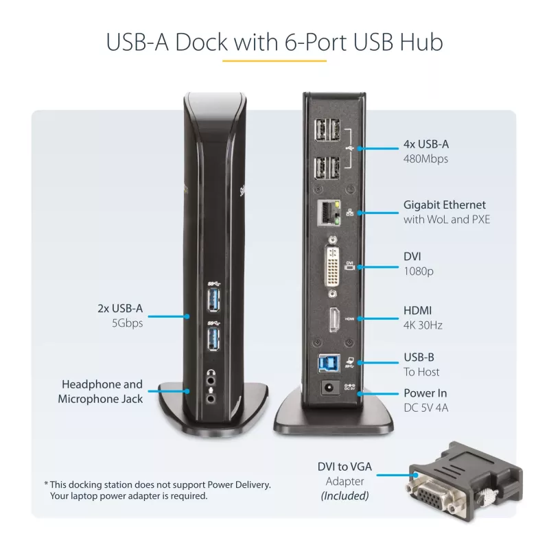 StarTech.com Dual Monitor USB 3.0 dokkimisjaam HDMI-ga - DVI - 6 x USB porti~Topeltmonitori USB 3.0 sülearvuti dokkimisjaam HDMI ja DVI/VGA-ga, 6x USB-A jaotur, GbE, heli, universaalne A-tüüpi dokk - Windows/macOS/ChromeOS