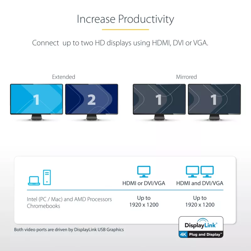 StarTech.com Dual Monitor USB 3.0 dokkimisjaam HDMI-ga - DVI - 6 x USB porti~Topeltmonitori USB 3.0 sülearvuti dokkimisjaam HDMI ja DVI/VGA-ga, 6x USB-A jaotur, GbE, heli, universaalne A-tüüpi dokk - Windows/macOS/ChromeOS