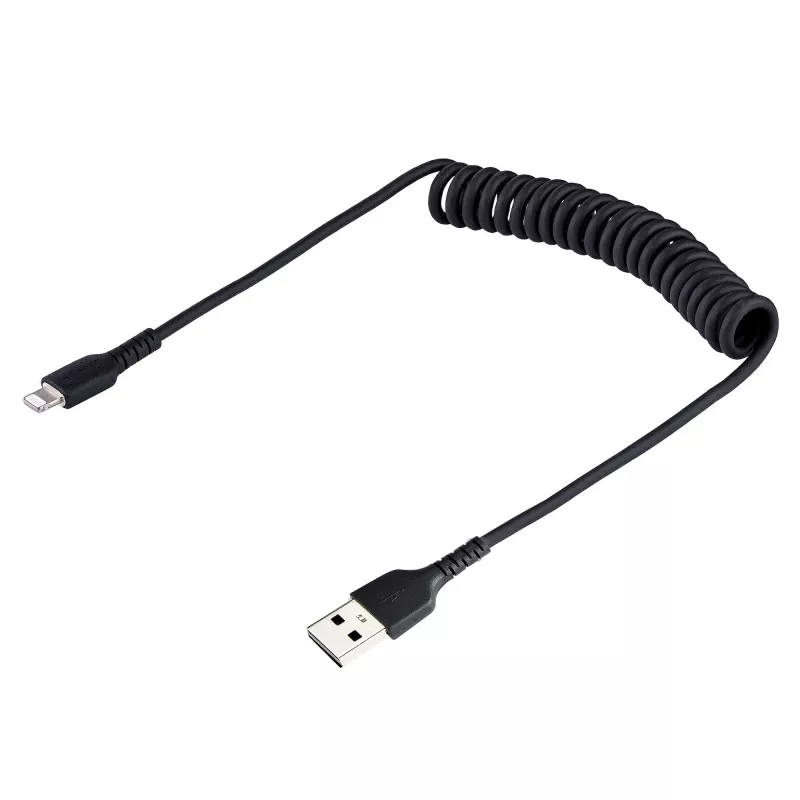 StarTech.com 50cm (20in) USB to Lightning kaabel, MFi Certified, Coiled iPhone Charger kaabel, Must, Durable TPE Jacket Aramid Fiber, Heavy Duty Coil Lightning kaabel