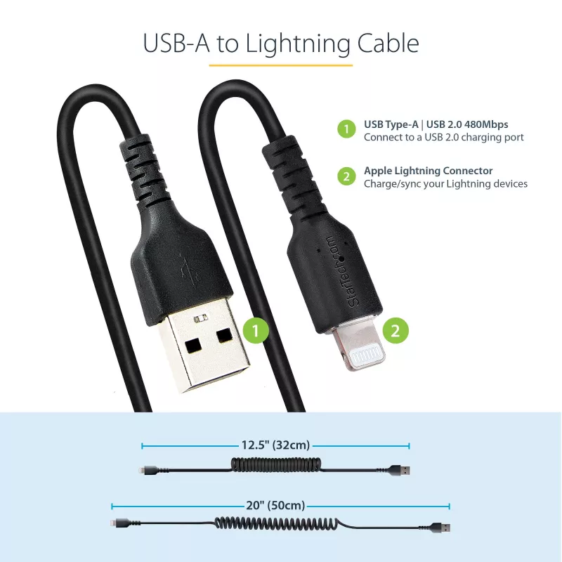 StarTech.com 50cm (20in) USB to Lightning kaabel, MFi Certified, Coiled iPhone Charger kaabel, Must, Durable TPE Jacket Aramid Fiber, Heavy Duty Coil Lightning kaabel