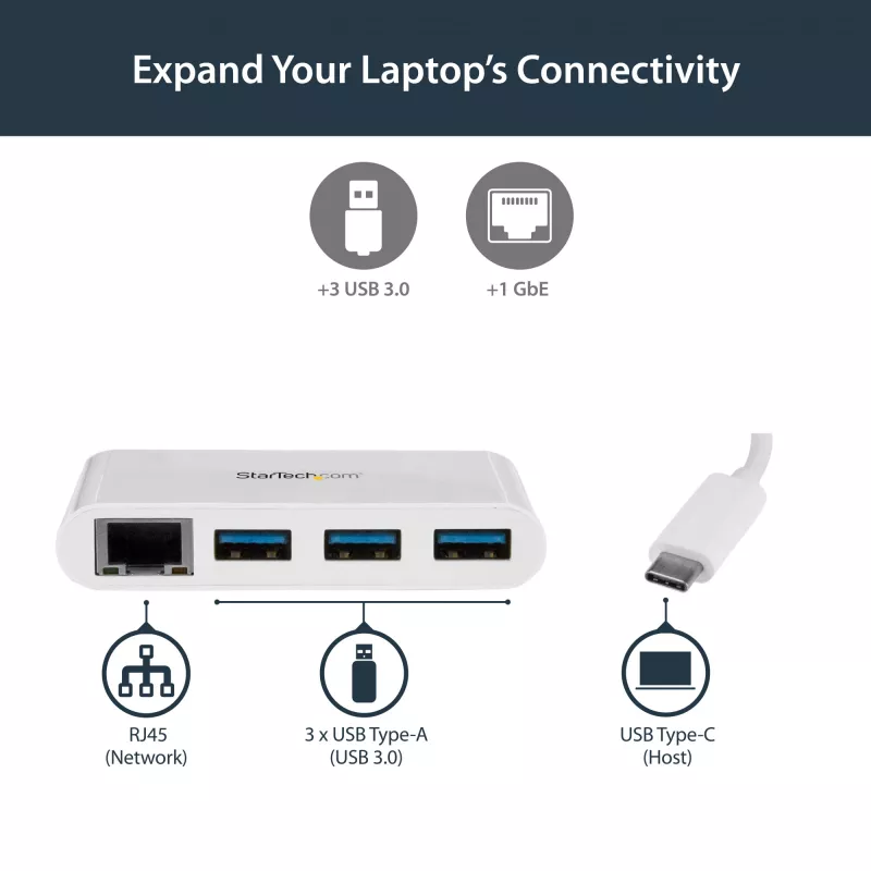 StarTech.com 3-pordiline USB-C jaotur Gigabit Ethernetiga – USB-C kuni 3x USB-A – USB 3.0 jaotur – valge