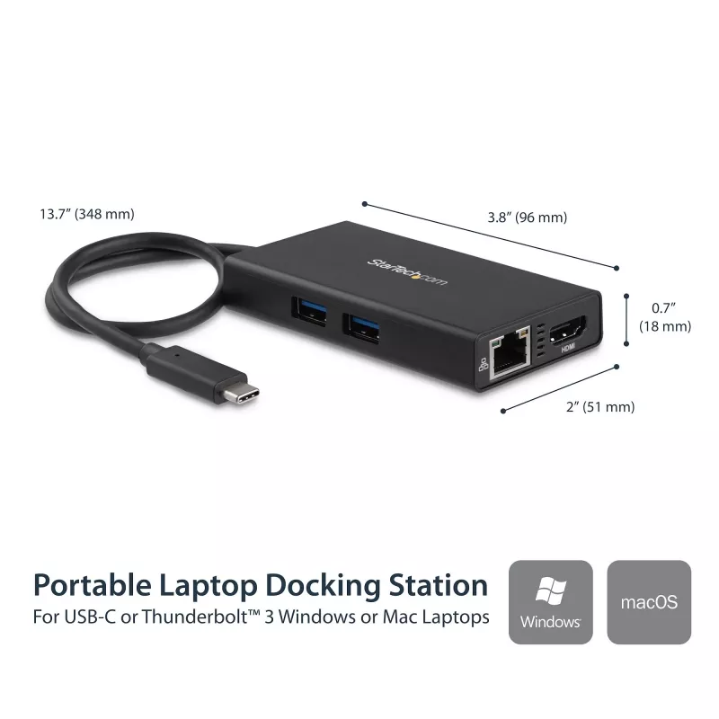 StarTech.com USB-C mitme pordiga adapter - USB-C reisi dokkimisjaam 4K HDMI-ga - 60W toiteedastus, GbE, 2-pordiline USB-A 3.0 jaotur - kaasaskantav mini USB-C dokk sülearvutile