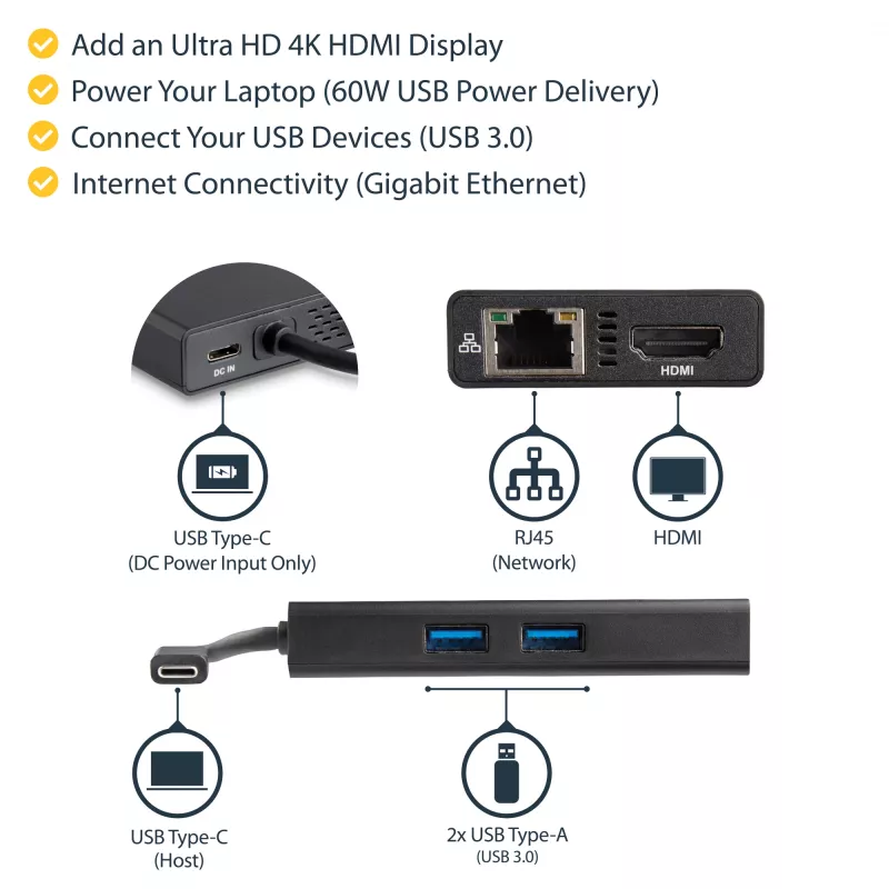 StarTech.com USB-C mitme pordiga adapter - USB-C reisi dokkimisjaam 4K HDMI-ga - 60W toiteedastus, GbE, 2-pordiline USB-A 3.0 jaotur - kaasaskantav mini USB-C dokk sülearvutile
