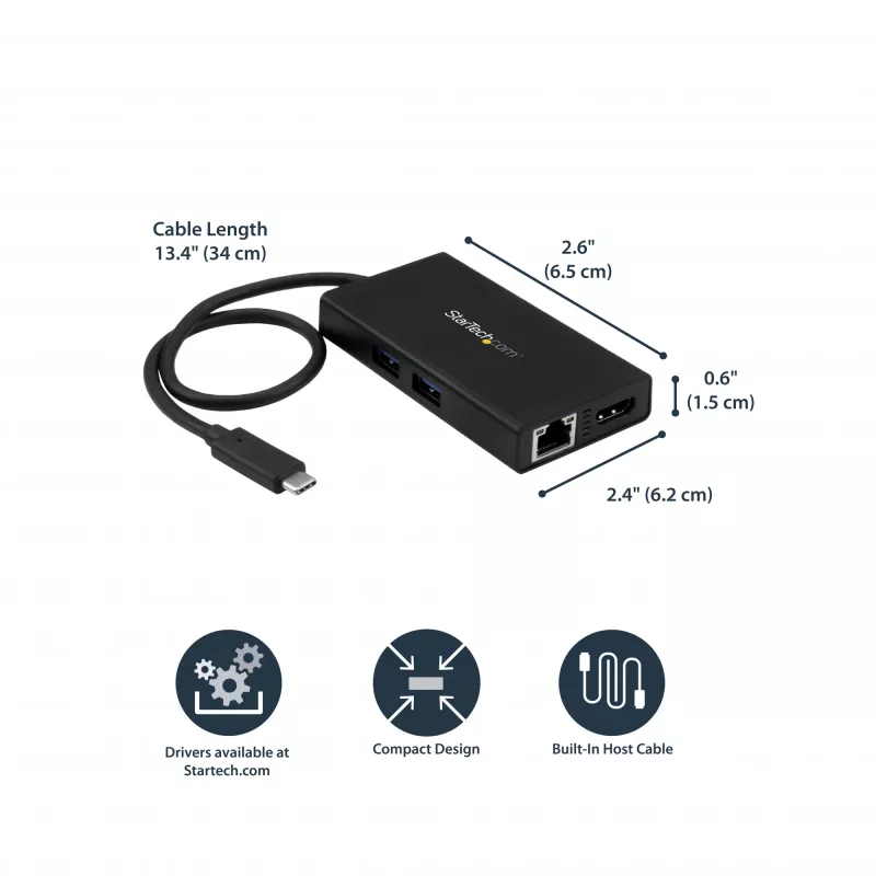 StarTech.com USB-C mitme pordiga adapter - USB-C reisi dokkimisjaam 4K HDMI-ga - 60W toiteedastus, GbE, 2-pordiline USB-A 3.0 jaotur - kaasaskantav mini USB-C dokk sülearvutile