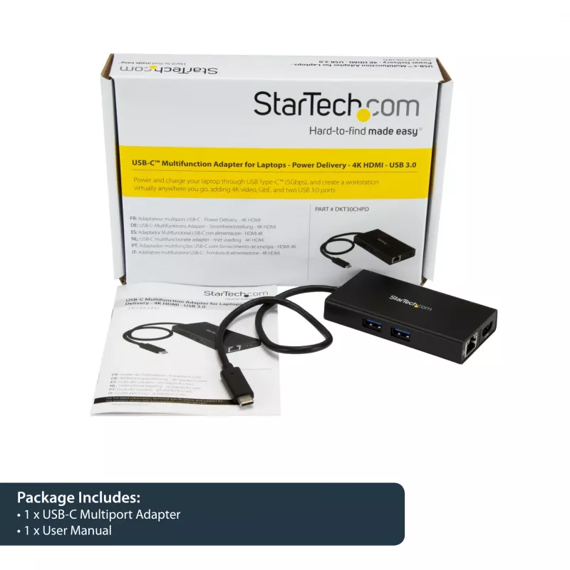 StarTech.com USB-C mitme pordiga adapter - USB-C reisi dokkimisjaam 4K HDMI-ga - 60W toiteedastus, GbE, 2-pordiline USB-A 3.0 jaotur - kaasaskantav mini USB-C dokk sülearvutile