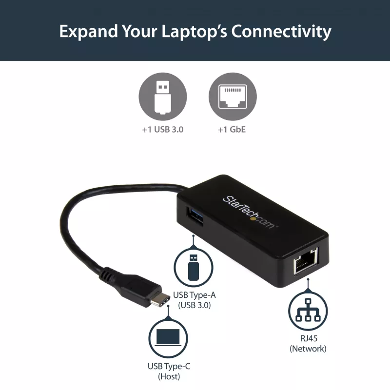 StarTech.com USB-C Gigabit võrguadapter täiendava USB 3.0 pordiga