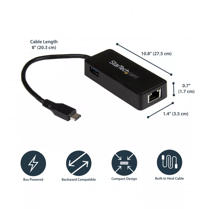 StarTech.com USB-C Gigabit võrguadapter täiendava USB 3.0 pordiga