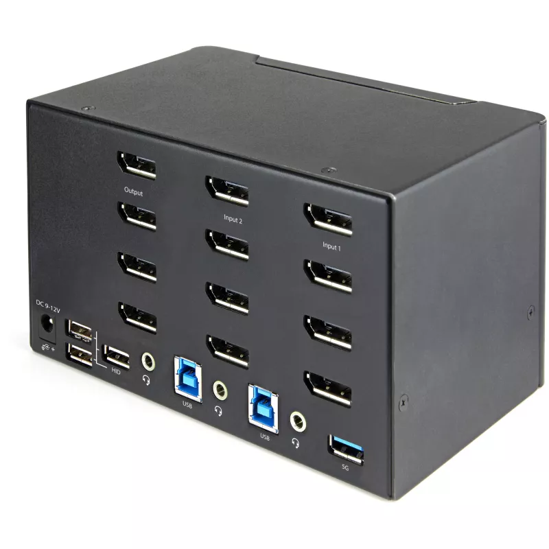 StarTech.com 2-pordine nelja monitoriga DisplayPort KVM-lüliti – 4K 60 Hz UHD HDR – lauaarvuti 4K DP 1.2 KVM 2-pordilise USB 3.0 jaoturi (5 Gbit/s) ja 4x USB 2.0 HID-pordiga, heli – kiirklahvidega lülitamine – TAA