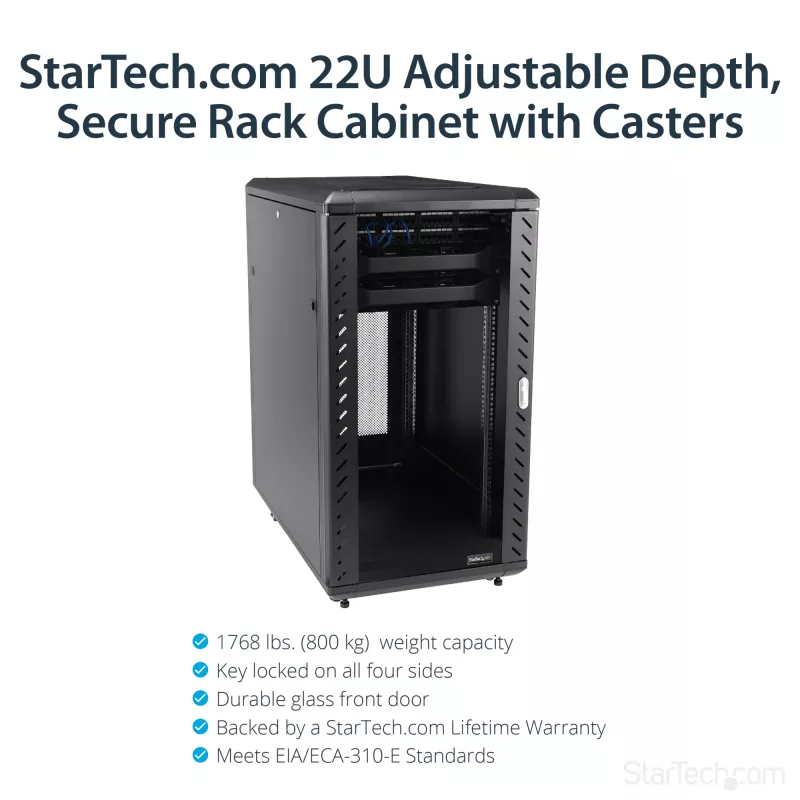StarTech.com 4-Post 22U Server Rack Cabinet, Lockable 19 inch Data Rack Cabinet for Computer / AV / IT Equipment, Office / Home võrk Rack with Casters & Adjustable Mounting Rails