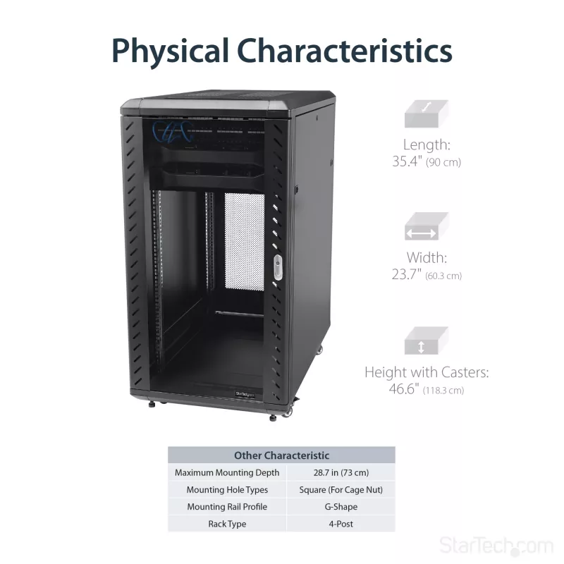 StarTech.com 4-Post 22U Server Rack Cabinet, Lockable 19 inch Data Rack Cabinet for Computer / AV / IT Equipment, Office / Home võrk Rack with Casters & Adjustable Mounting Rails