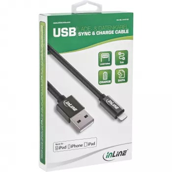 InLine Lightning USB-kaabel, iPadile, iPhone'ile, iPodile, must/alu, 1m MFi-sertifitseeritud